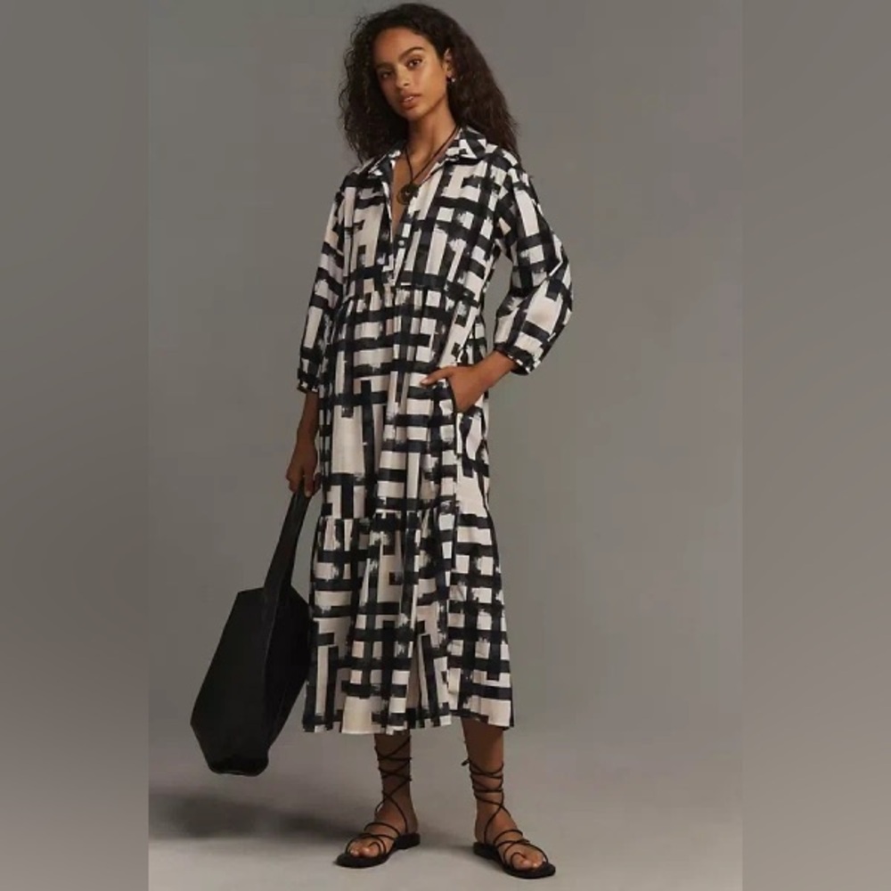 Maeve The Bettina Tiered Shirt Dress Anthropologie Size M 100% Cotton Charcoal
